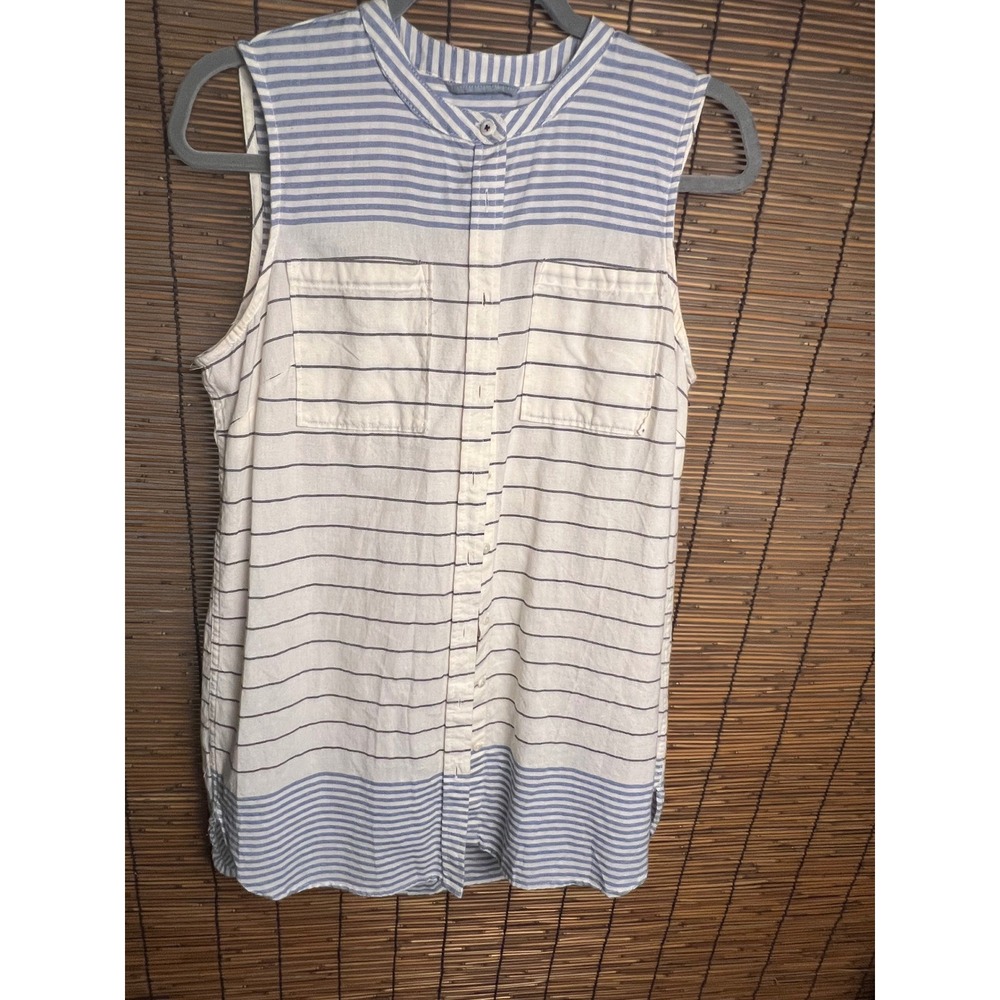 Merona Womens Blue White Striped Sleeveless Button Down Shirt Band Collar Medium